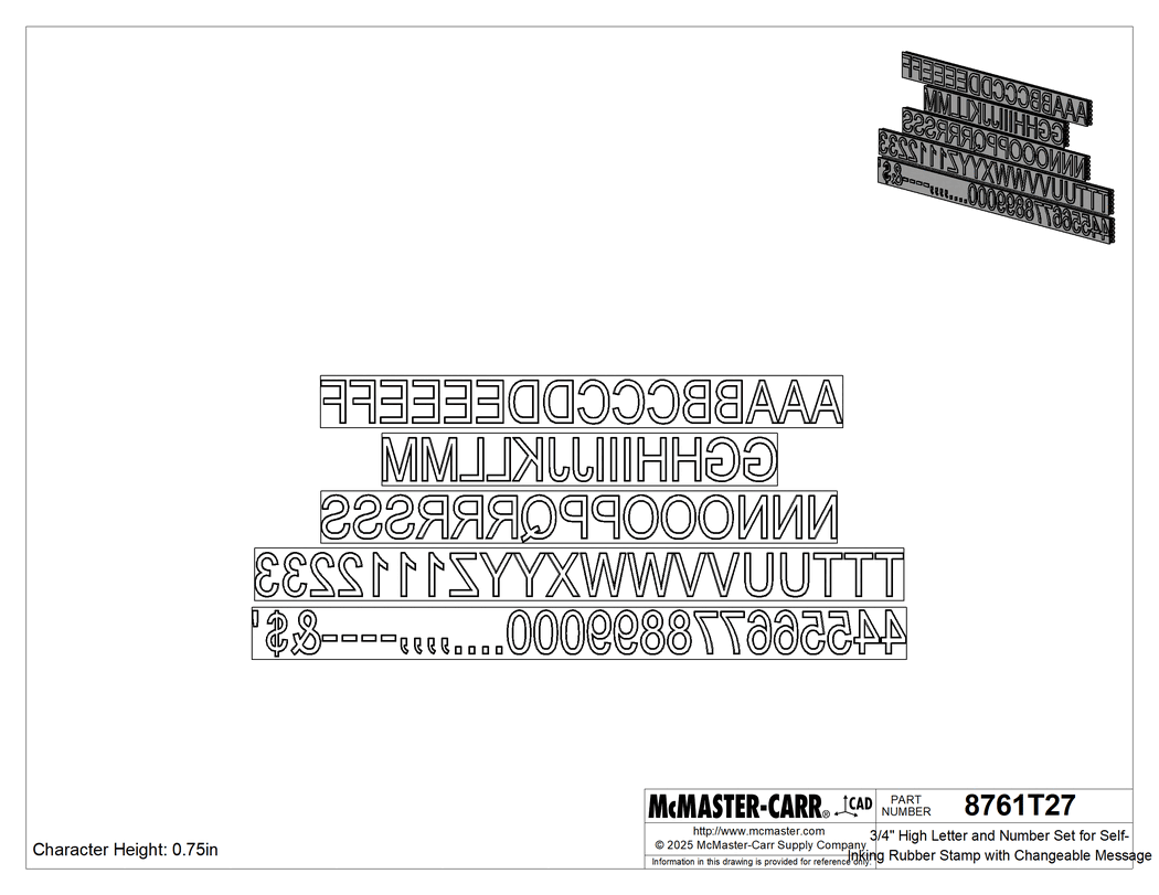 Technical Drawing of 3/4" High Letter and Number Set for Self-Inking Rubber Stamp with Changeable Message.